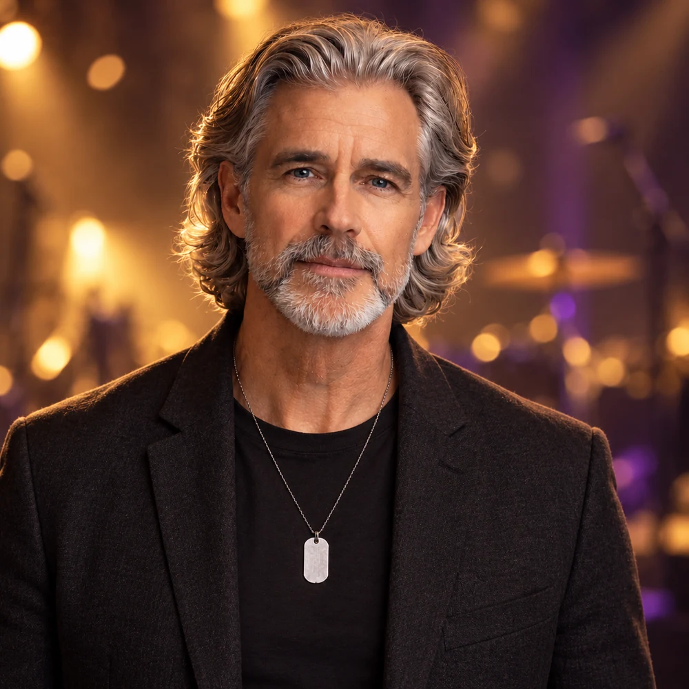 David in a black shirt and charcoal jacket with his silver dog-tag necklace, against softly blurred amber and purple stage lights