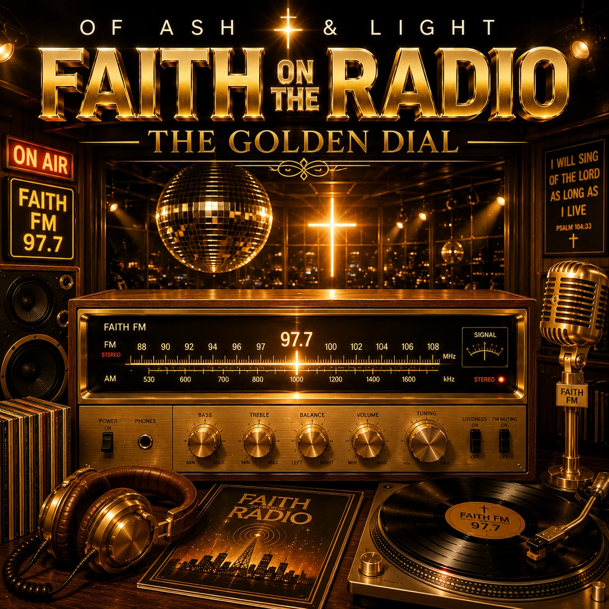 Faith on the Radio: The Golden Dial album cover with a golden vintage radio, microphone and record player