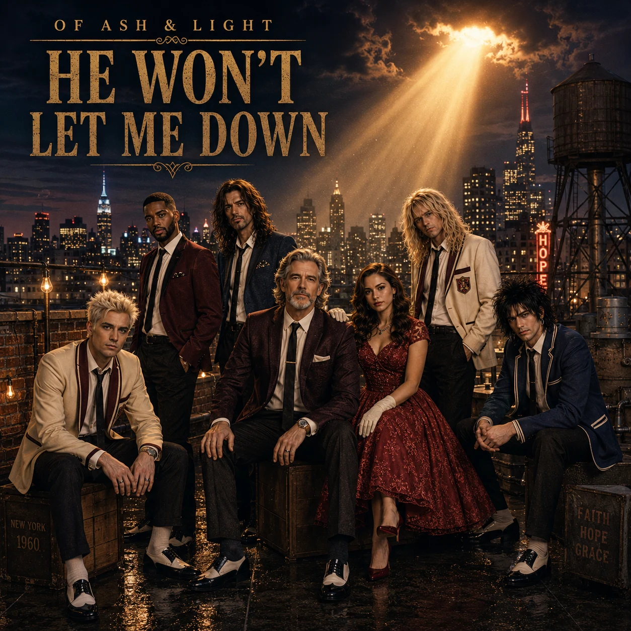 He Won’t Let Me Down album cover: Of Ash & Light in vintage formalwear on a city rooftop beneath golden light