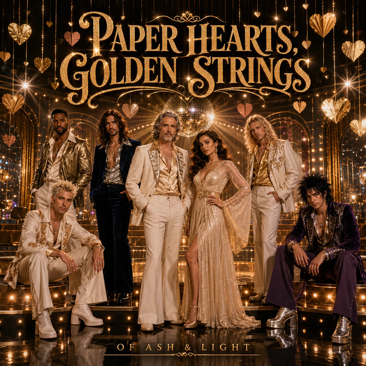 Paper Hearts, Golden Strings album cover: Of Ash & Light in sparkling vintage outfits beneath golden paper hearts and a disco ball