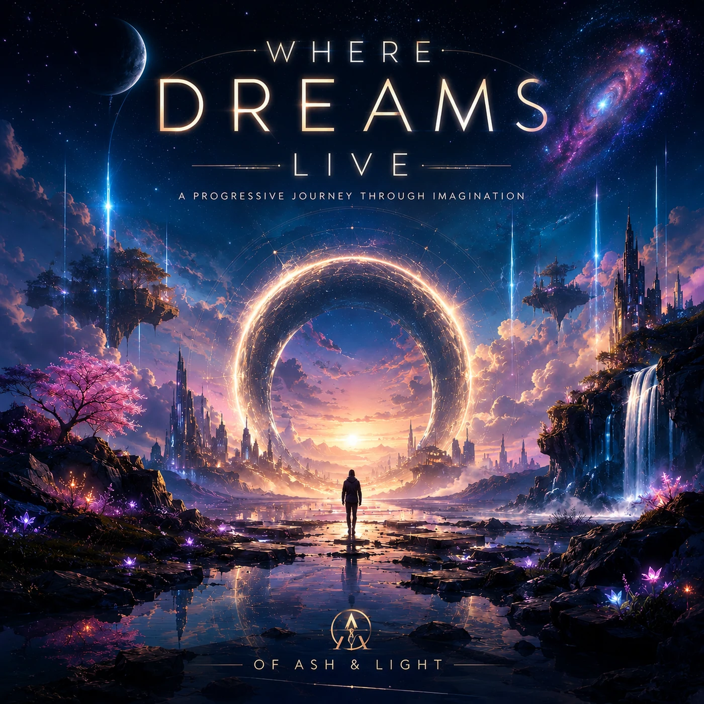 Where Dreams Live album cover: a traveler facing a golden ring of light among waterfalls and floating cities beneath a star-filled sky