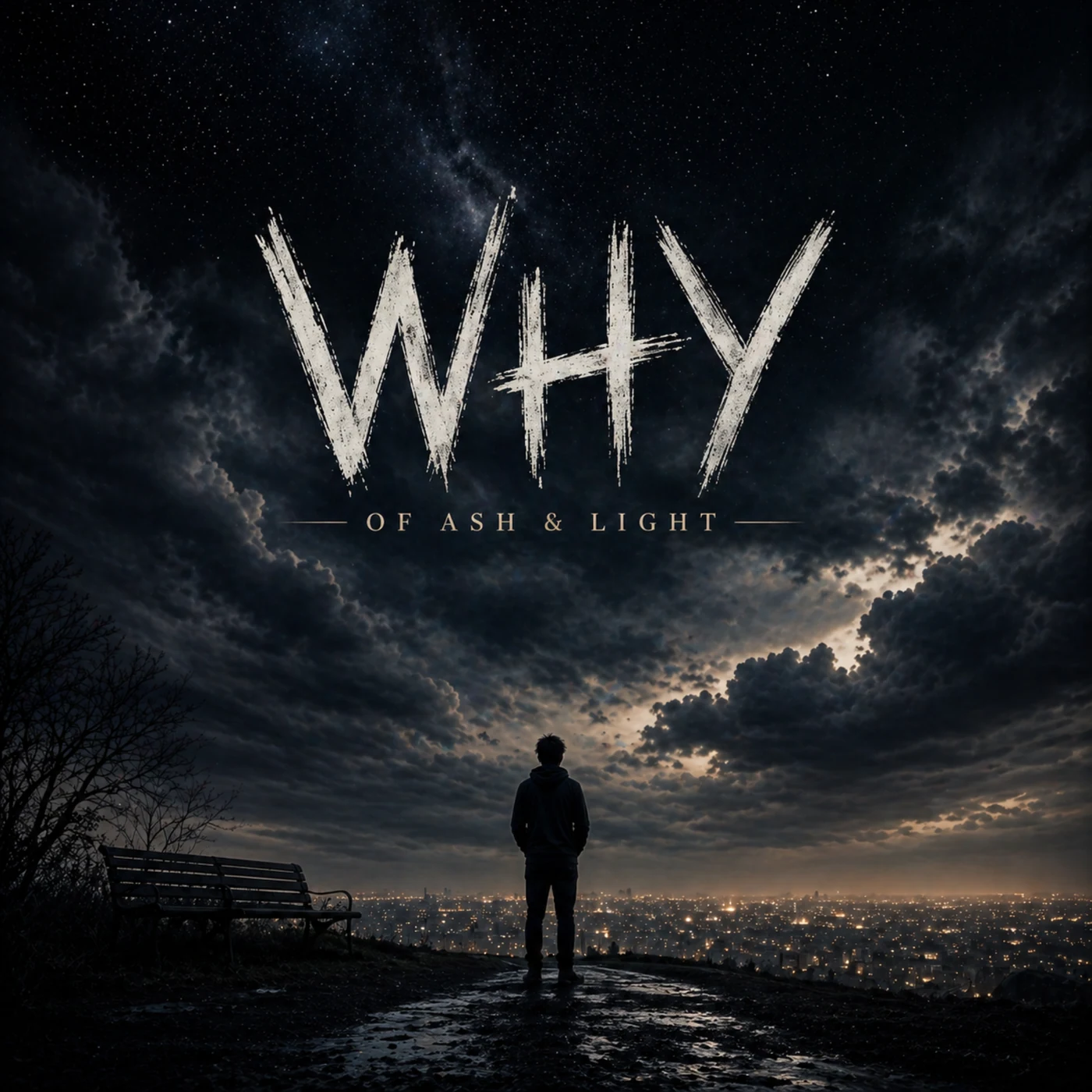 WHY album cover: a lone figure beneath a vast, cloud-filled night sky overlooking city lights